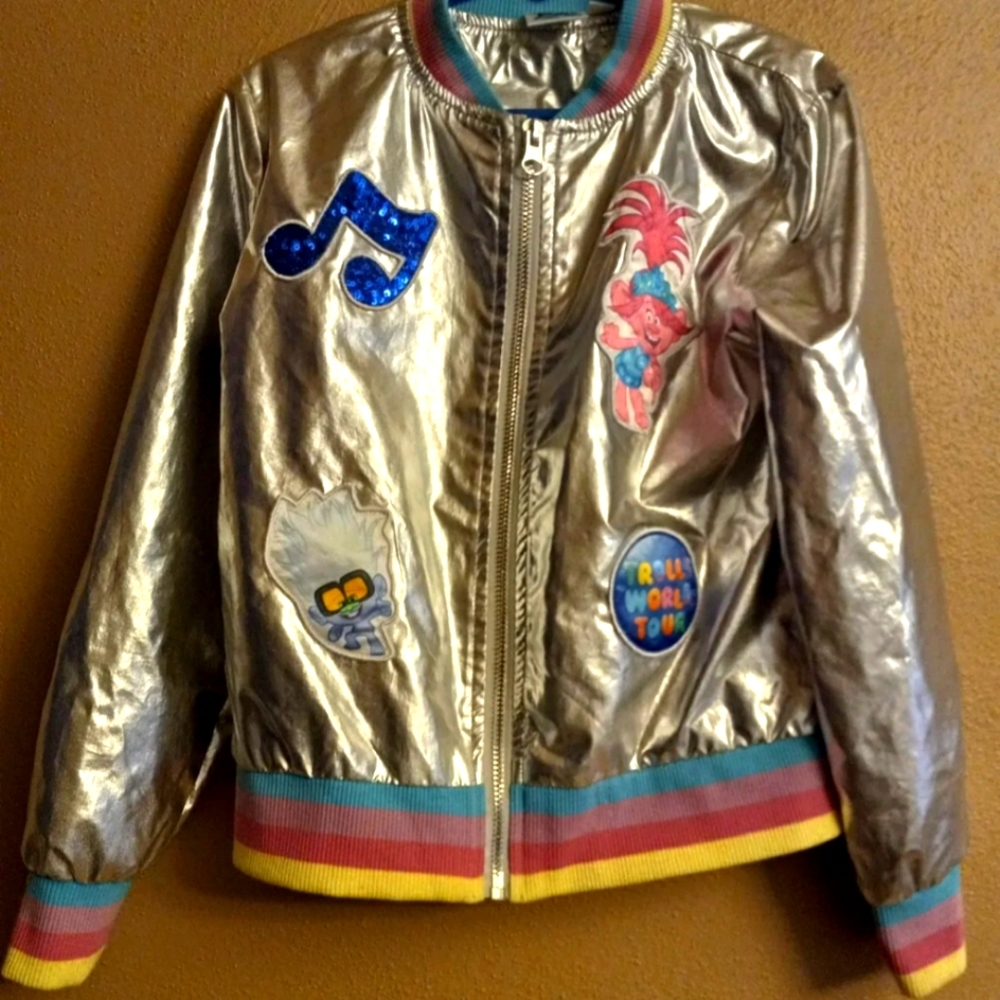 Trolls II World Tour Girls Metallic Silver Patchwork Bomber Jacket, Small 6/6x